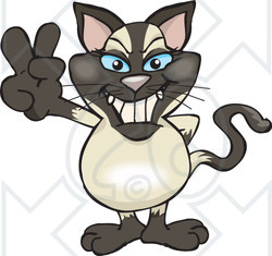 Clipart Illustration of a Peaceful Siamese Cat Smiling And Gesturing The Peace Sign With His Hand