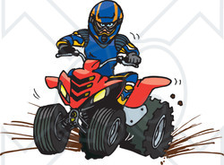 Clipart Illustration of a Man In Safety Gear, Riding A Red Quad Through Mud