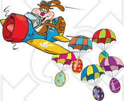 Clipart Illustration of a Brown Pilot Bunny Flying An Airplane Near Parachuting Easter Eggs