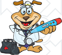 Clipart Illustration of a Doctor Dog Wearing A Head Lamp And Holding Out A Blue Thermometer