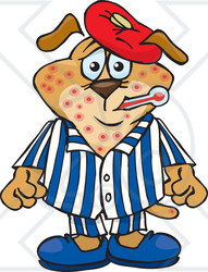 Clipart Illustration of a Brown Dog Sick With The Chicken Pox, Wearing A Cold Pack On His Head And Biting A Thermometer In His Mouth