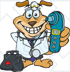 Clipart Illustration of a Doctor Dog Wearing A Head Lamp And Standing With A Medicine Bag, Holding Out A Blue Ear Thermometer