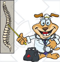 Clipart Illustration of a Chiropractor Dog With A Head Lamp And Medical Bag, Pointing To A Diaphram Of A Spine