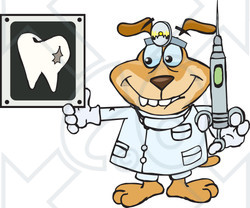 Clipart Illustration of a Dentist Dog Wearing A Head Lamp, Holding A Syringe And Looking At A Tooth Xray