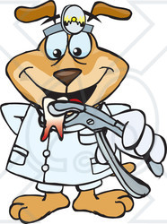 Clipart Illustration of a Dentist Dog Wearing A Head Lamp And Holding Out An Extracted Tooth
