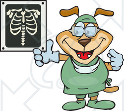 Clipart Illustration of a Dog Radiologist In Scrubs, Holding Up An Xray Of Ribs