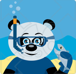 Clipart Illustration of a Blue Eyed Male Giant Panda Bear Wearing Blue Snorkel Gear, Holding A Fish Underwater