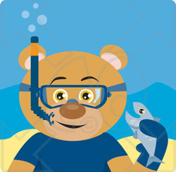 Clipart Illustration of a Brown Male Bear Wearing Blue Snorkel Gear, Holding A Fish Underwater