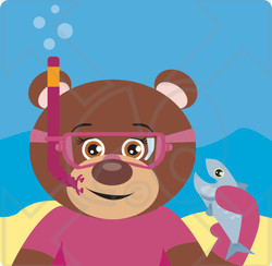 Clipart Illustration of a Brown Female Teddy Bear Wearing Pink Snorkel Gear, Holding A Fish Underwater