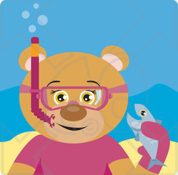 Clipart Illustration of a Brown Female Bear Wearing Pink Snorkel Gear, Holding A Fish Underwater