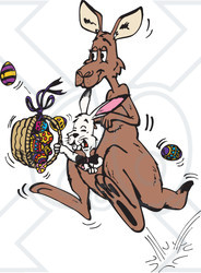 Clipart Illustration of a Bunny Rabbit Riding In A Kangaroo's Pouch And Carrying Easter Eggs In A Basket