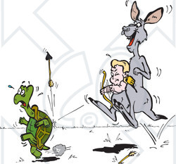 Clipart Illustration of Cupid Riding In A Kangaroo Pouch And Shooting Arrows At A Tortoise