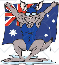 Clipart Illustration of an Aussie Swimmer Kangaroo Dripping Wet And Holding Up An Australian Flag