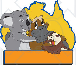 Clipart Illustration of a Koala, Platypus And Bird Hugging In Front Of An Australian Map, With A Blank Orange Text Box