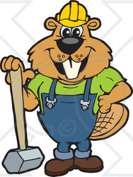 Clipart Illustration of a Beaver Character Construction Worker Leaning On A Sledgehammer