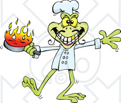 Clipart Illustration of a Leggy Green Frog Chef Holding A Flaming Pan While Cooking