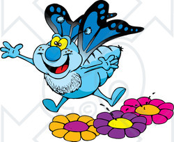 Clipart Illustration of a Happy Blue Butterfly Leaping Off Of Colorful Flowers In A Garden