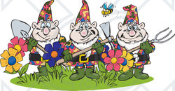 Clipart Illustration of a Bee Flying Over Three Garden Gnomes Guarding Flowers