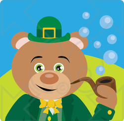 Clipart Illustration of a Bear Leprechaun Character Smoking A Pipe
