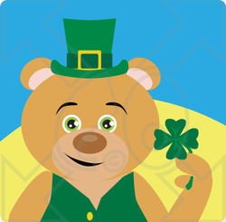 Clipart Illustration of a Brown Bear Leprechaun Character Holding A Clover