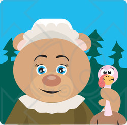 Clipart Illustration of a Bear Pilgrim Character Holding A Turkey