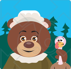 Clipart Illustration of a Brown Bear Pilgrim Character Holding A Turkey
