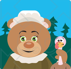 Clipart Illustration of a Teddy Bear Pilgrim Character Holding A Thanksgiving Turkey