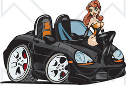 Clipart Illustration of a Sexy Red Haired Pinup Girl Sitting On The Hood Of A Black PorscheConvertible