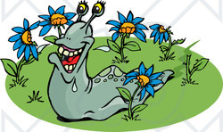 Clipart Illustration of a Happy Slug Eating Blue Flowers
