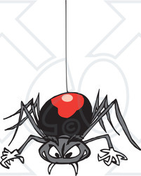 Clipart Illustration of a Creepy Black Widow Spider Descending On A Web