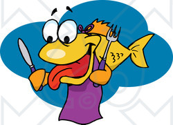 Clipart Illustration of a Hungry Yellow Fish Wearing A Bib And Holding A Knife And Fork