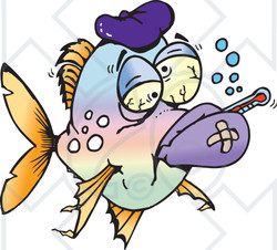 Clipart Illustration of a Fever And Flu Ridden Sick Fish With A Thermometer And Ice Pack