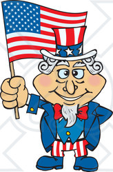 Clipart Illustration of Uncle Sam Holding Up An American Flag In The Wind