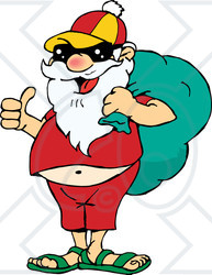 Clipart Illustration of Santa Dressed In Relaxed Clothes And Sunglasses, Carrying His Sack On His Shoulder
