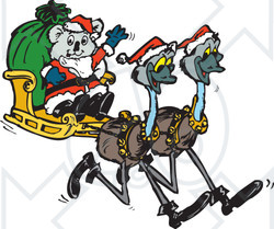 Clipart Illustration of a Koala Santa Riding In A Sleigh Pulled By Emus