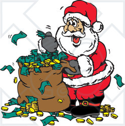 Clipart Illustration of Santa With A Sack Full Of Donated Cash And Coins