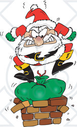 Clipart Illustration of Santa Claus Angrily Stomping On His Toy Sack To Squish It Down The Chimney