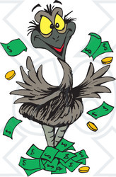 Clipart Illustration of a Wealthy Emu Bird Tossing Money Into The Air
