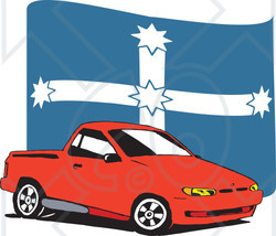 Clipart Illustration of a Red Ute Vehicle In Front Of A Eureka Flag