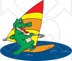 Clipart Illustration of a Green Crocodile Windsurfing