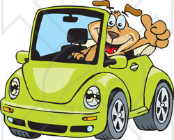 Clipart Illustration of a Dog Driving A Green Slug Bug Convertible And Giving The Thumbs Up