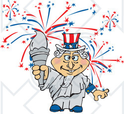 Clipart Illustration of Uncle Sam As The Statue Of Liberty, Holding The Torch In Front Of Fireworks