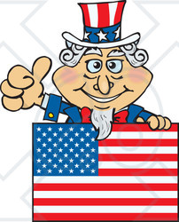 Clipart Illustration of Uncle Sam Giving The Thumbs Up And Standing Behind A Flag