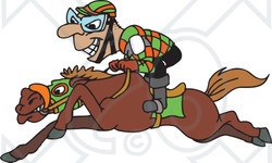 Clipart Illustration of a Grinning Jockey Riding Low On Horseback