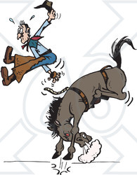 Clipart Illustration of a Cowboy Suspended In Mid Air While Being Bucked Off Of His Rodeo Horse