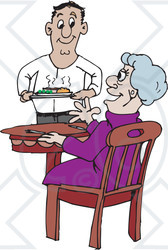Clipart Illustration of a Sweet Man Serving An Elderly Lady Dinner In A Retirement Home