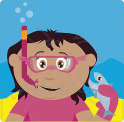 Clipart Illustration of a Hispanic Girl Snorkeling And Holding A Fish