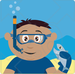 Clipart Illustration of a Hispanic Boy Snorkeling And Holding A Fish
