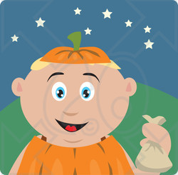 Clipart Illustration of a Caucasian Boy Trick Or Treating On Halloween In A Pumpkin Costume