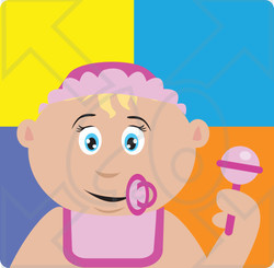 Clipart Illustration of a Caucasian Baby Girl With A Pacifier, Bib And Rattle